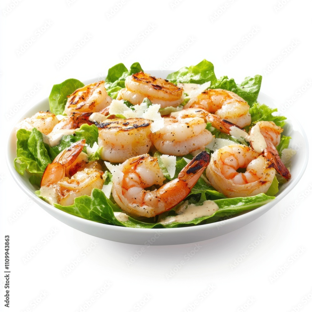 A classic Caesar salad with grilled shrimp and Parmesan cheese, isolated white background, realistic art style A classic Caesar salad with grilled shrimp and Parmesan cheese, isolated white background, realistic art style