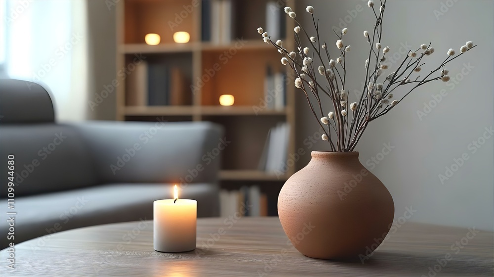 Cozy Living Room Still Life: A Lit Candle and Dried Flowers in a Terracotta Vase on a Wooden Table