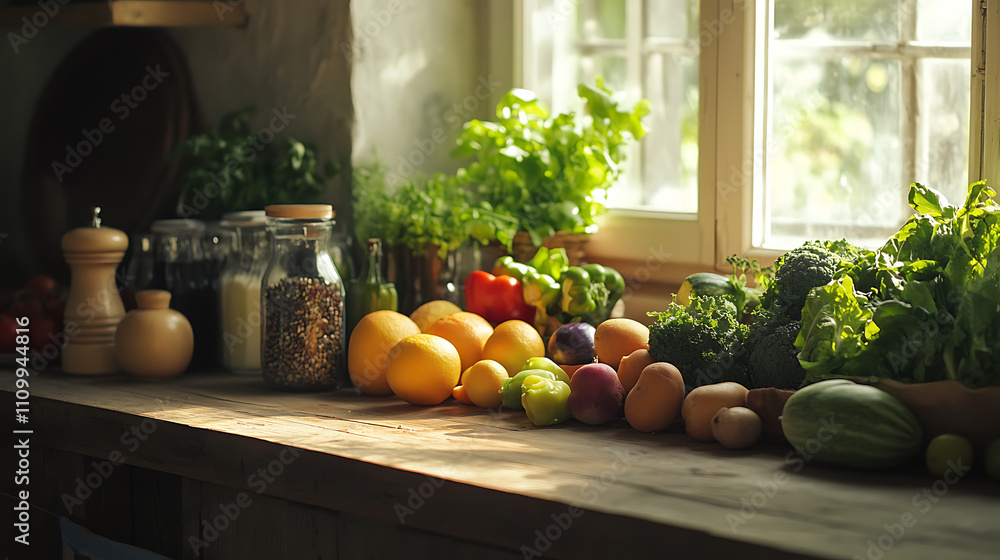 Fresh vegetables and fruits on kitchen counter, promoting healthy living Fresh vegetables and fruits on kitchen counter, promoting healthy living