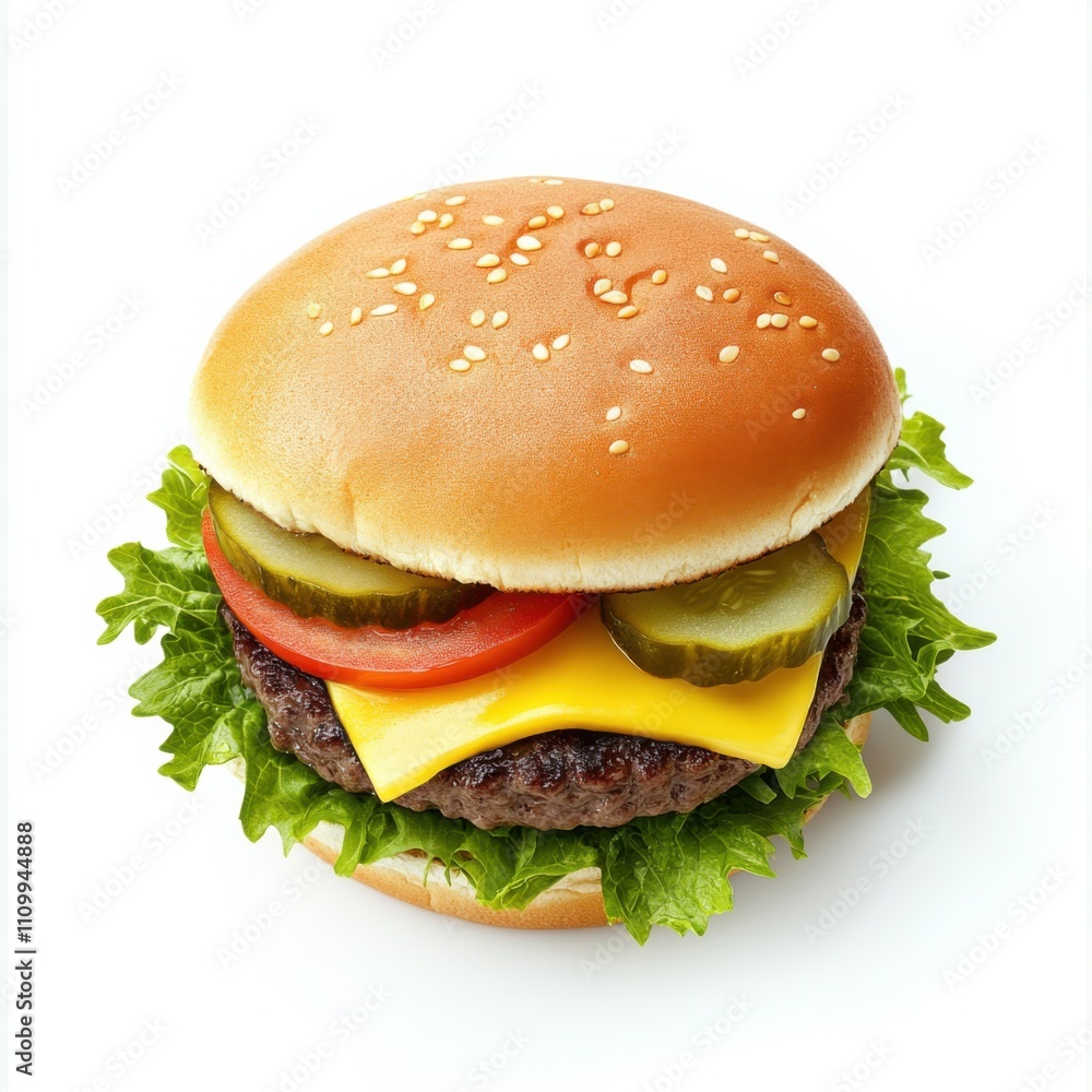 A classic cheeseburger with lettuce, tomato, and pickles A classic cheeseburger with lettuce, tomato, and pickles