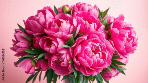 A bouquet of pink peonies with delicate petals and lush green leaves, showcasing the beauty of nature's vibrant hues.