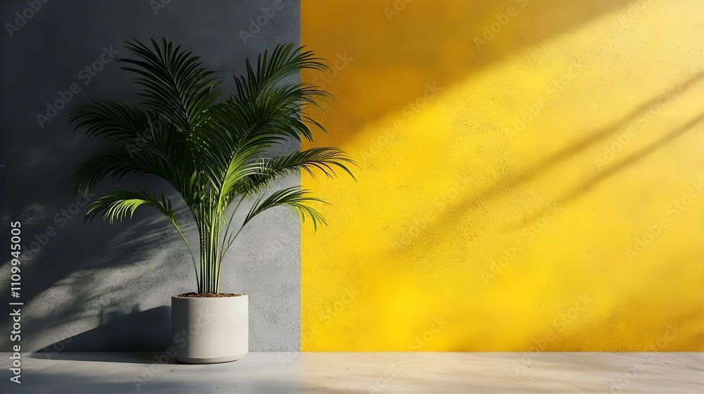 Fototapeta premium Sunlit Palm Plant in a White Pot Against a Two-Tone Grey and Yellow Wall, Minimalist Interior Design