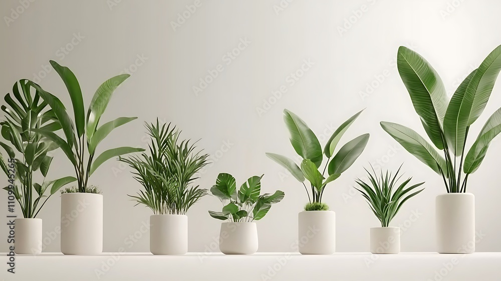 A collection of indoor plants in minimalist white pots against a light background. A collection of indoor plants in minimalist white pots against a light background.