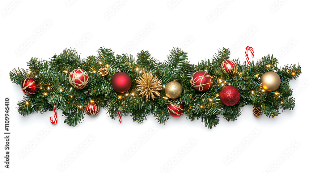 Festive garland of green pine branches with red and gold ornaments Festive garland of green pine branches with red and gold ornaments