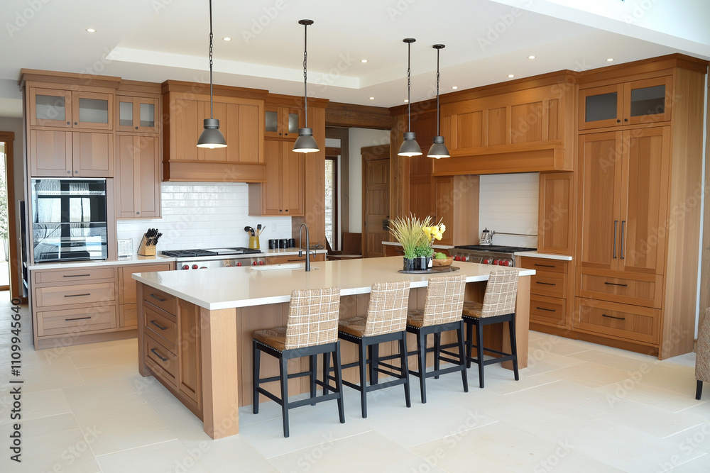 Functional Scandinavian kitchen with large island wooden cabinetry and lighting Functional Scandinavian kitchen with large island wooden cabinetry and lighting