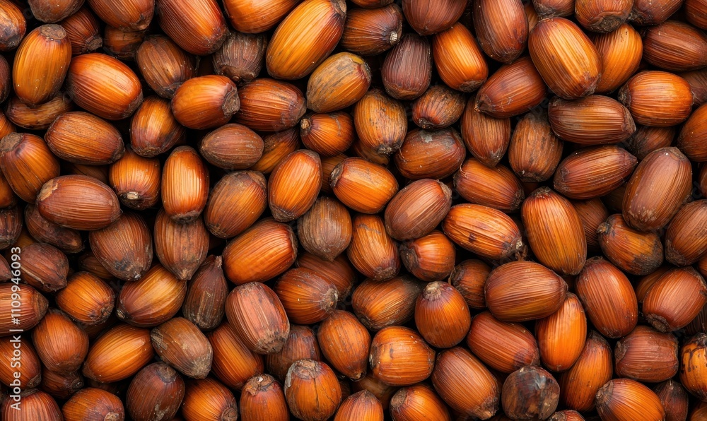 A close-up view of numerous brown acorns scattered across a surface.