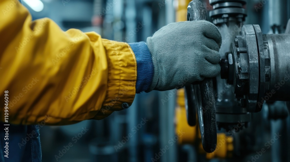 Worker adjusting a valve in a industrial setting wearing gloves and a yellow jacket. Worker adjusting a valve in a industrial setting wearing gloves and a yellow jacket.