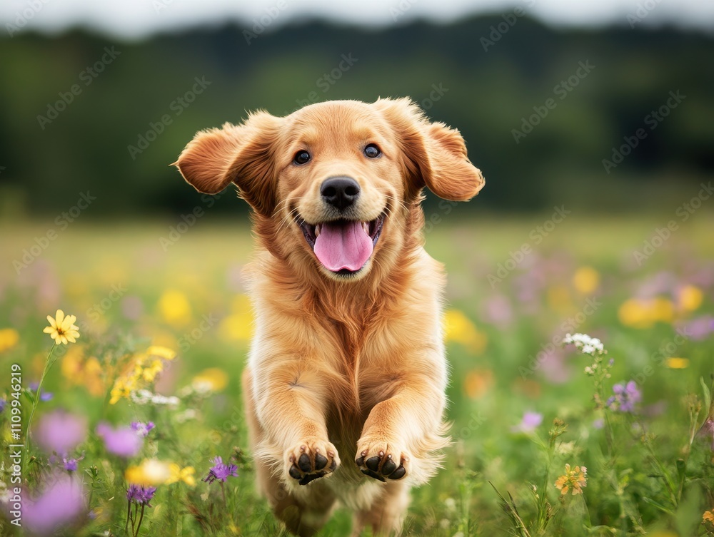 A happy golden retriever running joyfully through a vibrant field of wildflowers, showcasing pure canine joy and energy. A happy golden retriever running joyfully through a vibrant field of wildflowers, showcasing pure canine joy and energy.