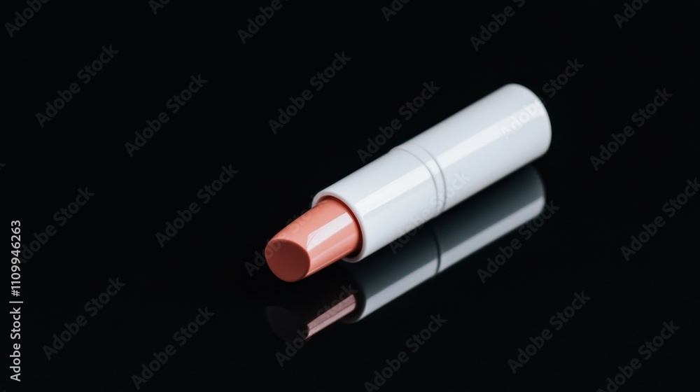 Lipstick tube with a soft peach color reflecting on a dark surface. Lipstick tube with a soft peach color reflecting on a dark surface.