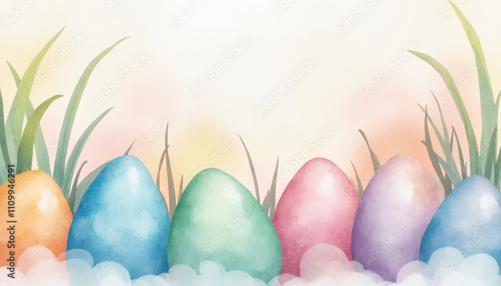 Fototapeta premium Colorful watercolor Easter eggs arranged in grass with a soft pastel background