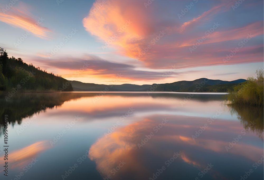 Fototapeta premium lake at dawn with clouds and hills 