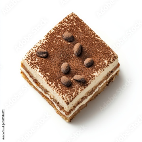 A classic Italian tiramisu dessert with cocoa dusting, isolated white background, realism art style photo