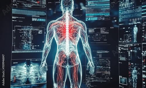 A digital representation of the human body with data overlays, showcasing anatomy and analysis.