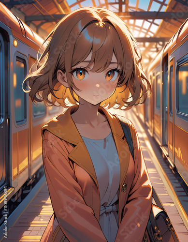 A young woman in an orange jacket waits at a quiet train station during the day.