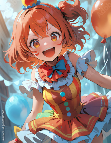 Young woman in colorful clown costume with vibrant orange wig and joyful expression.