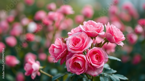 A delicate cluster of pink roses in bloom, showcasing their vibrant petals and soft fragrance.