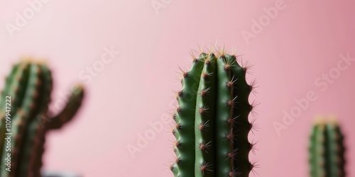 A close-up of a cactus with sharp spines against a soft pink background, the intricate details of the plant's texture and shape creating a captivating visual contrast. photo