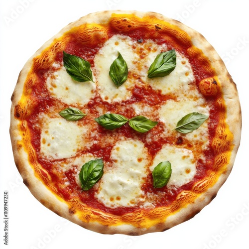 A classic margherita pizza with melted mozzarella and basil, isolated white background, realism art style photo