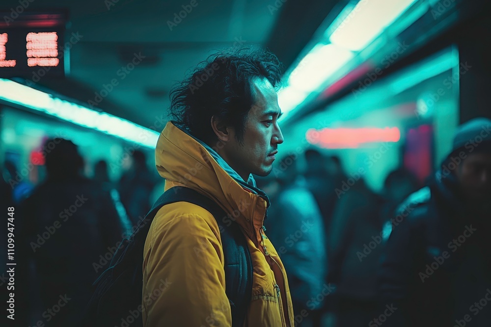 Urban Subway Scene Featuring a Profile of a Man in a Bright Yellow Jacket Surrounded by a Crowd in a Neon-Lit Atmosphere Urban Subway Scene Featuring a Profile of a Man in a Bright Yellow Jacket Surrounded by a Crowd in a Neon-Lit Atmosphere