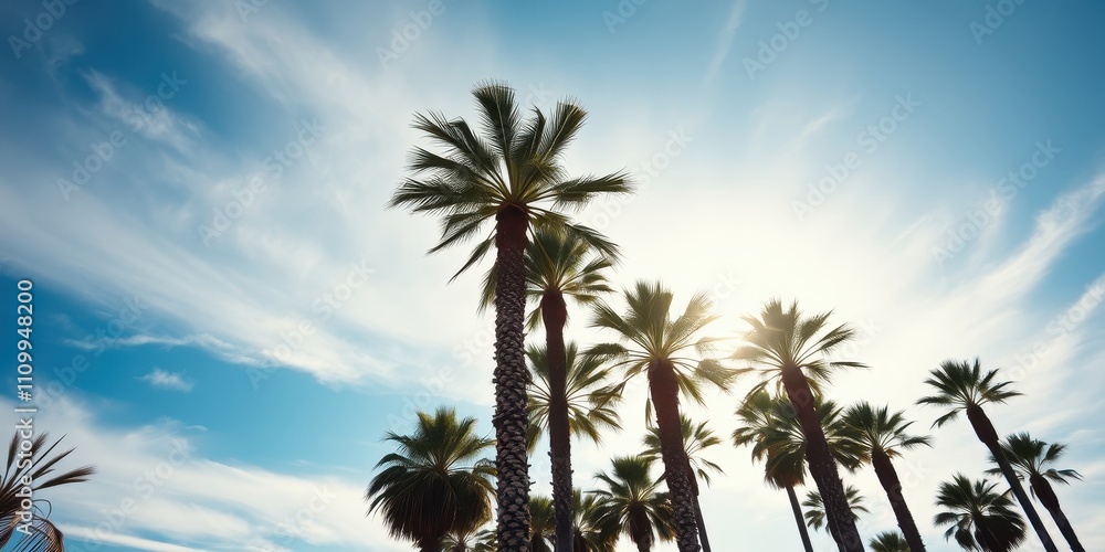 Obraz premium Silhouettes of palm trees reaching towards a bright sun, with wispy clouds scattered across a clear blue sky