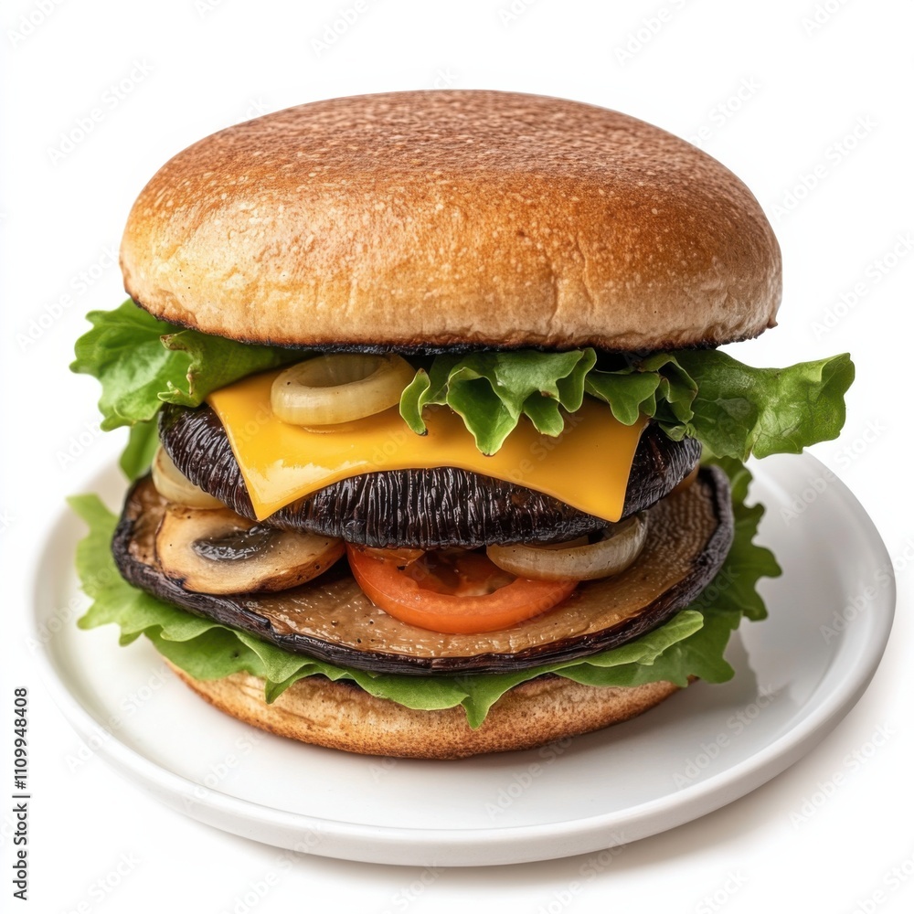 A classic veggie burger with grilled portobello mushroom and avocado, isolated white background, hyperrealism art style A classic veggie burger with grilled portobello mushroom and avocado, isolated white background, hyperrealism art style