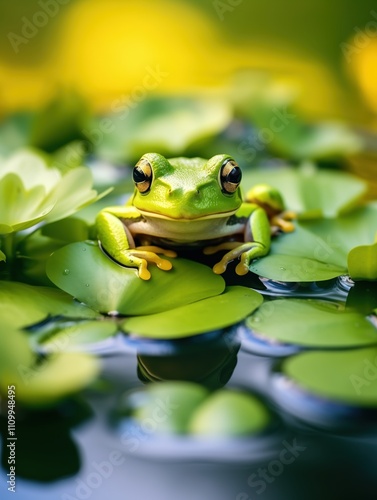 Close-up of a cute frog sitting on a lily pad, surrounded by small flowers and leaves