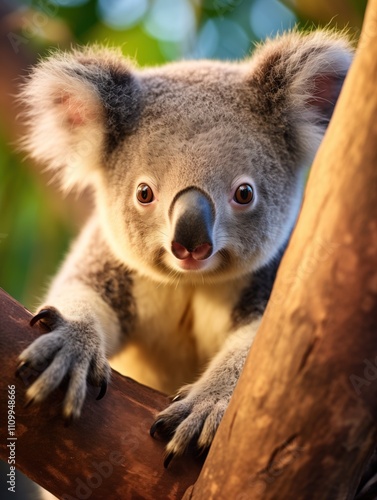 Close-up of a koala  sitting on a eucalyptus branch, blurred background