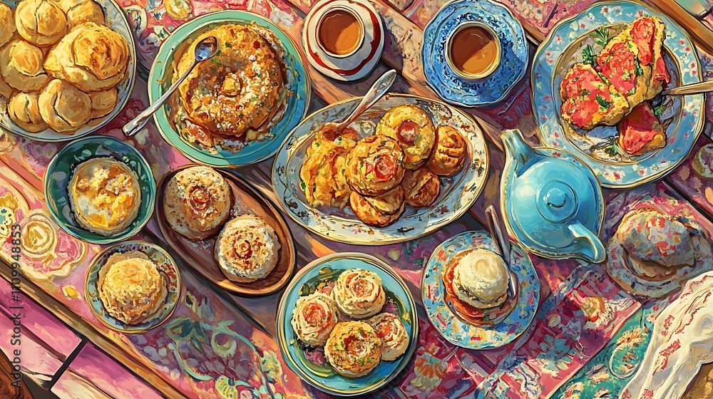 A vibrant spread of various dishes and tea, showcasing a delightful meal setting. A vibrant spread of various dishes and tea, showcasing a delightful meal setting.