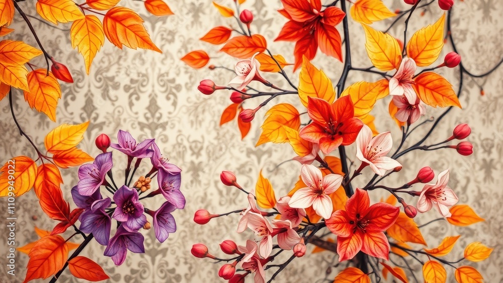 Fototapeta premium A symphony of colors, with orange, purple, and pink blossoms gracefully intertwined, creates a vibrant tapestry of autumnal beauty.
