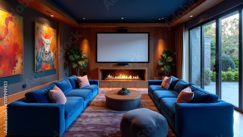 Living room with blue sofas and a fireplace