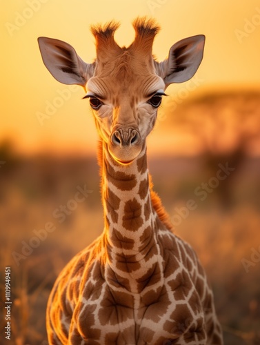 Cute baby giraffe in a savannah landscape with soft, warm lighting