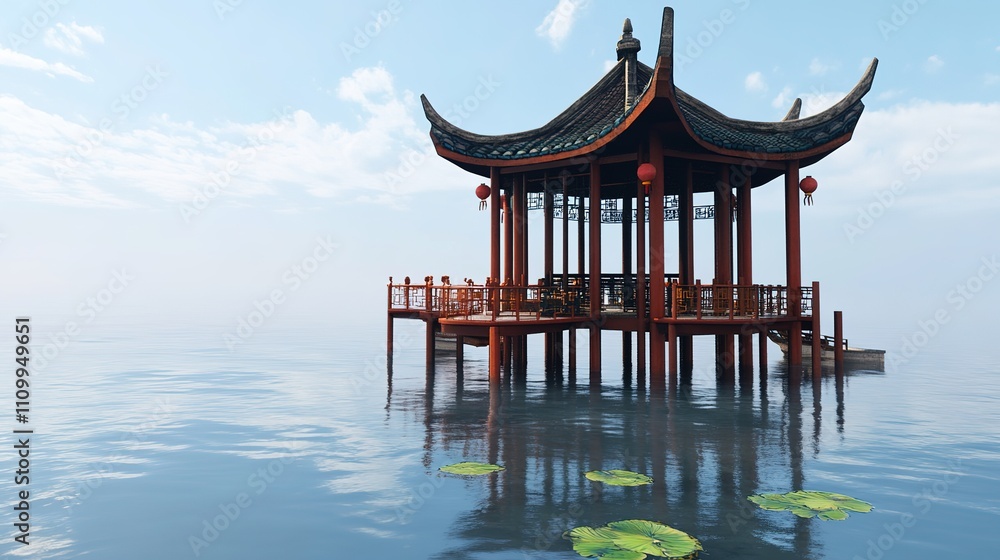 Obraz premium Traditional Chinese pavilion gracefully standing in the middle of serene waters, surrounded by tranquil reflections, capturing timeless architecture and cultural elegance in a harmonious natural 