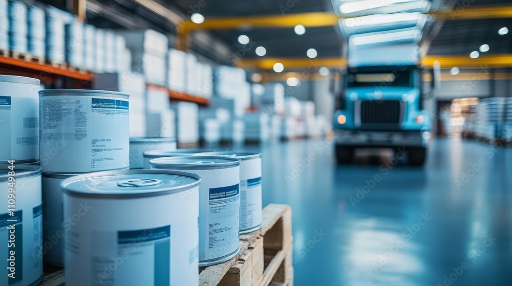White paint cans stacked on pallets in a modern warehouse, with an industrial truck loading cargo in the background, highlighting stacked acrylic blue and gray label paper in the foreground. White paint cans stacked on pallets in a modern warehouse, with an industrial truck loading cargo in the background, highlighting stacked acrylic blue and gray label paper in the foreground.
