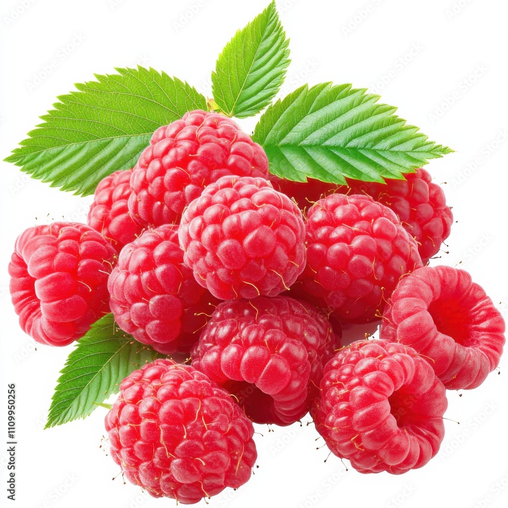 A cluster of fresh raspberries with leaves, isolated white background, abstract art style A cluster of fresh raspberries with leaves, isolated white background, abstract art style