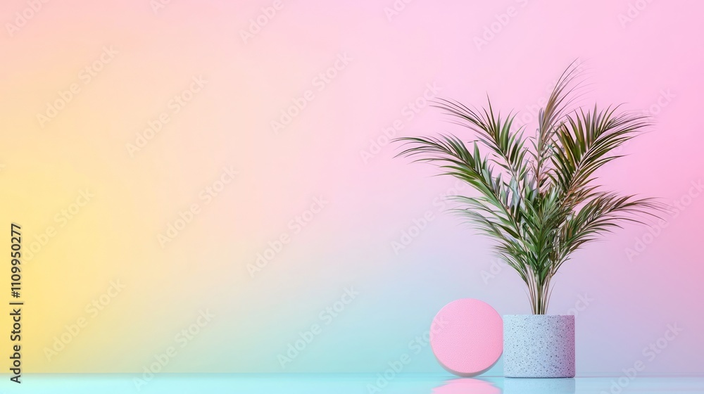 Pastel Room Decor with Potted Palm Plant and Pink Orb Pastel Room Decor with Potted Palm Plant and Pink Orb