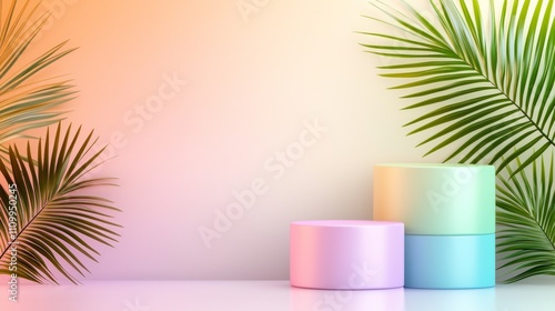 Pastel Cylinders with Tropical Palm Leaves Background