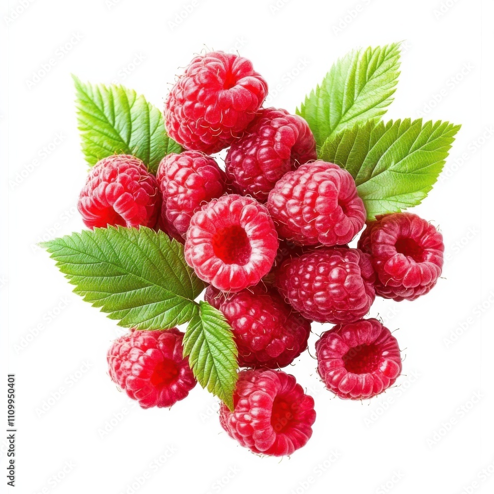 A cluster of fresh raspberries with leaves, isolated white background, abstract art style A cluster of fresh raspberries with leaves, isolated white background, abstract art style