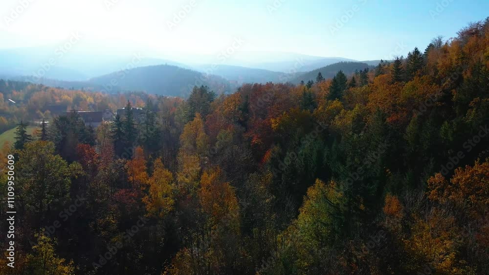 drone flight over tourist area mountains forest autumn Karpacz Poland drone flight over tourist area mountains forest autumn Karpacz Poland