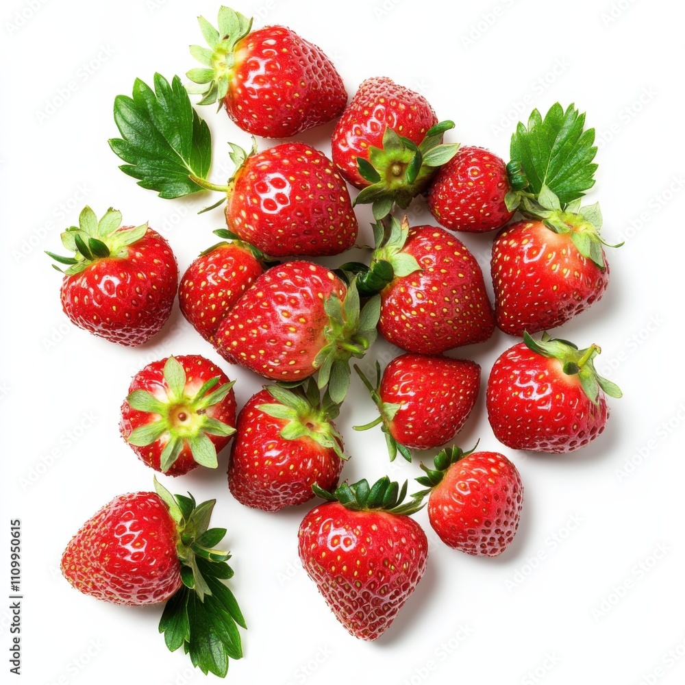 A cluster of fresh strawberries with leaves, isolated white background, abstract art style A cluster of fresh strawberries with leaves, isolated white background, abstract art style
