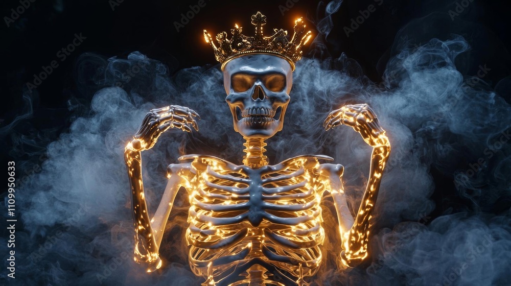 A glowing skeleton wearing a crown emerges from dark smoke, creating a mystical and regal atmosphere with its enchanting illumination. A glowing skeleton wearing a crown emerges from dark smoke, creating a mystical and regal atmosphere with its enchanting illumination.