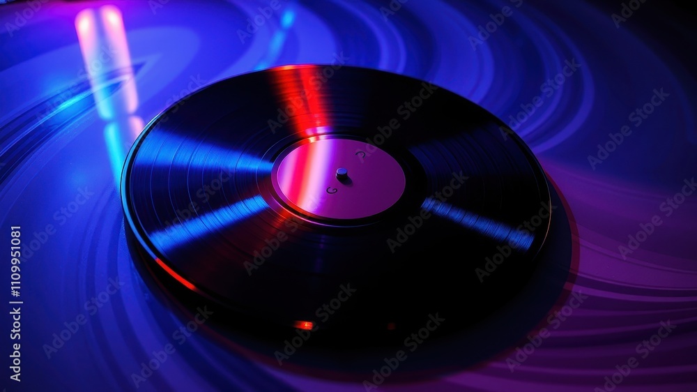 A vinyl record sits on a surface illuminated by a neon light, casting vibrant red and blue hues across the record and the surrounding surface. A vinyl record sits on a surface illuminated by a neon light, casting vibrant red and blue hues across the record and the surrounding surface.