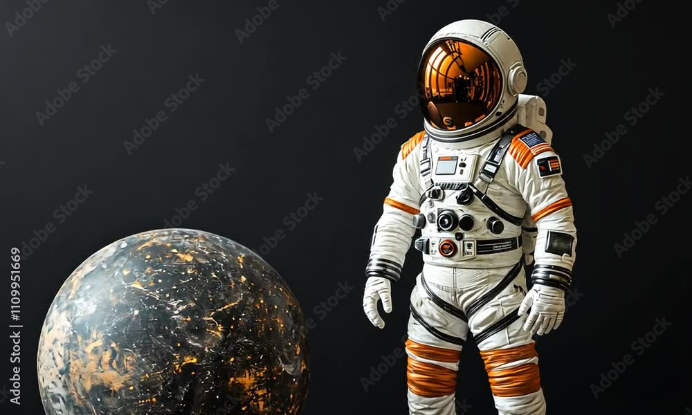 An astronaut stands beside a textured planet against a dark background, evoking space exploration. An astronaut stands beside a textured planet against a dark background, evoking space exploration.