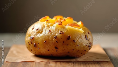 A golden roasted potato with crispy skin photo