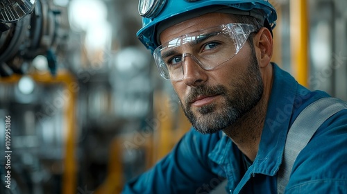 The technician is wearing blue work clothes and safety goggles and carrying out maintenance work on the natural gas compression station. Large compressors are displayed in the background