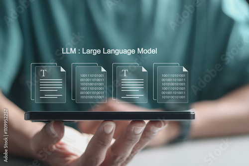 LLM, AI large language model concept, Big data, data transfer, generative ai, natural language generative and data mining. Person with large language model on virtual screen. photo