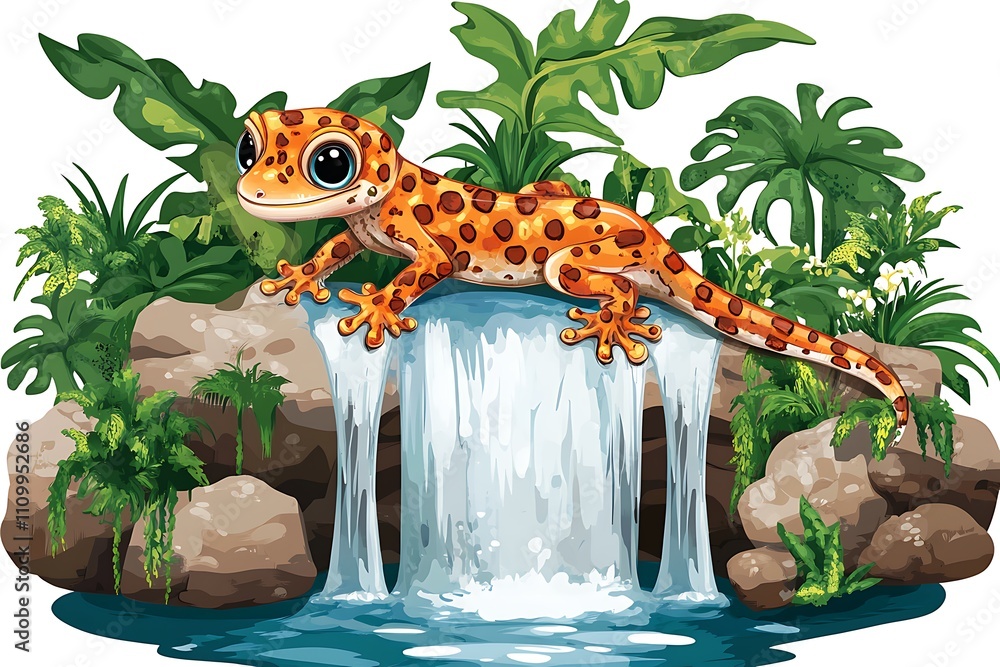Naklejka premium A colorful lizard perched on rocks by a waterfall in a lush tropical setting.
