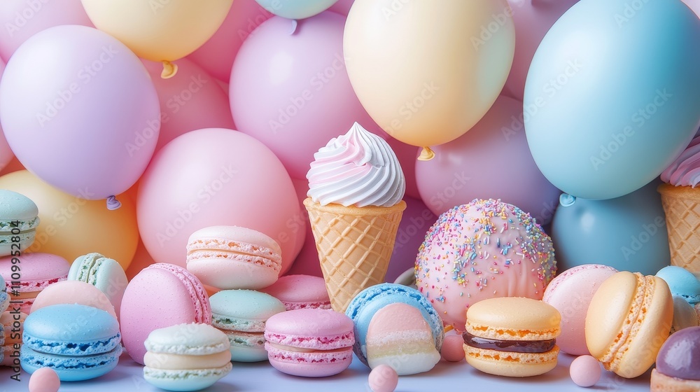 A brightly colored background featuring soft toned balloons, donuts, and ice cream cones, with various colored and shaped macarons placed at the bottom, creating a joyful and celebratory atmosphere. A brightly colored background featuring soft toned balloons, donuts, and ice cream cones, with various colored and shaped macarons placed at the bottom, creating a joyful and celebratory atmosphere.