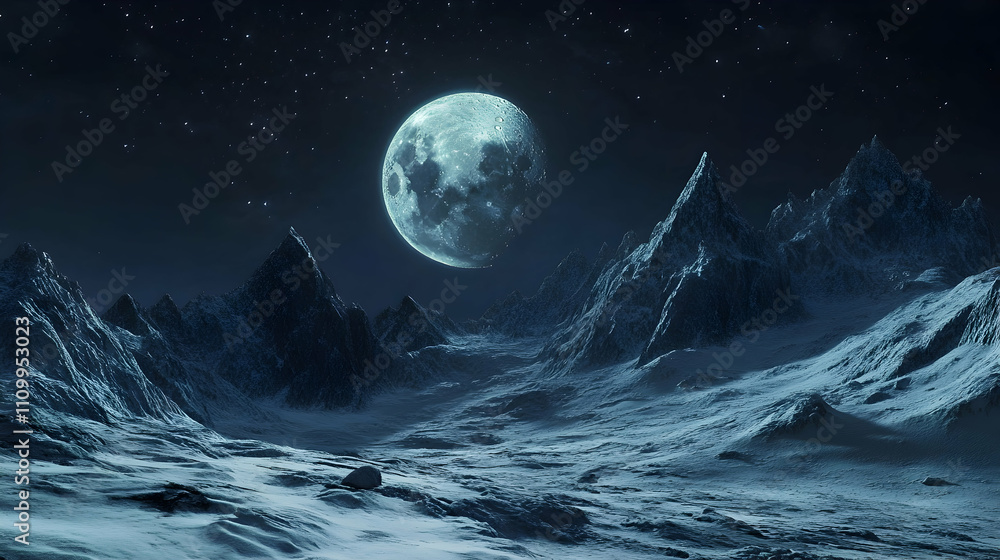 Rising moon over frosty winter mountains.
Rising moon over frosty winter mountains.