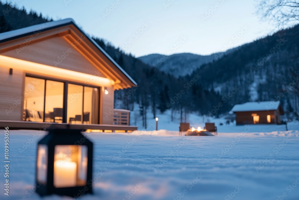 Cozy cabin in snowy landscape with lantern and fire pit. Cozy cabin in snowy landscape with lantern and fire pit.