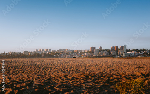 Warm sunlight illuminates the sandy beach and distant cityscape of Porto, creating a serene coastal scene in Cabedelo, Vila Nova de Gaia, portugal photo